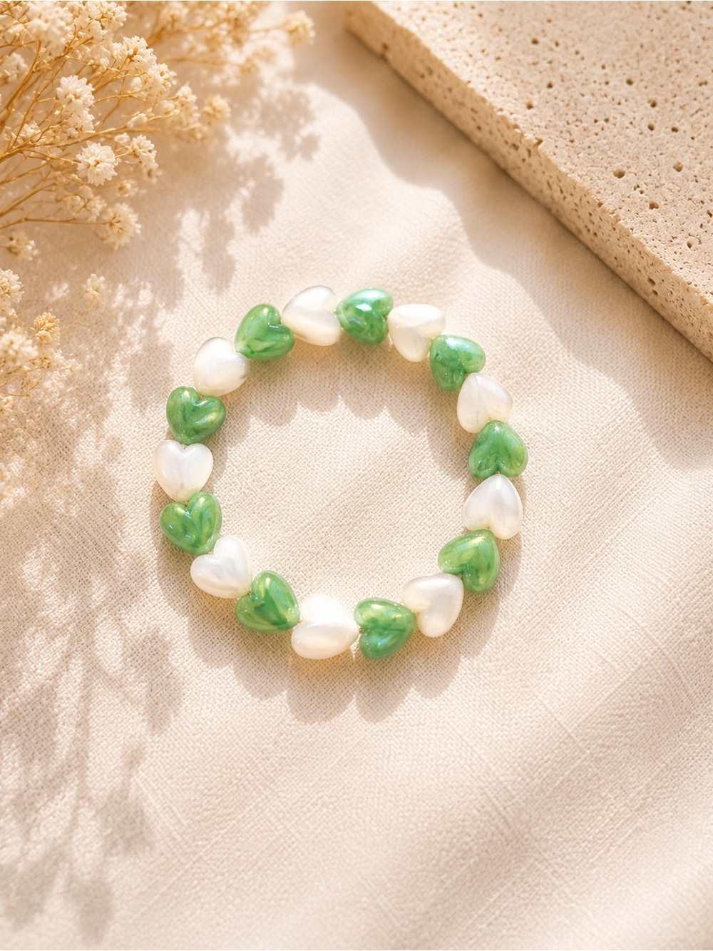 Green & White Heart Bead Stretch Bracelet - Women Jewelry